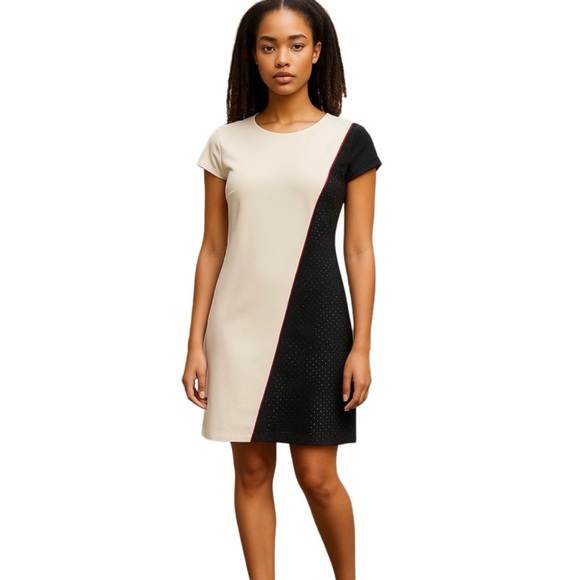 Chetta B Ivory & Black Faux-Leather Asymmetric Faux-Wrap Dress – Size 6 - Picture 1 of 4